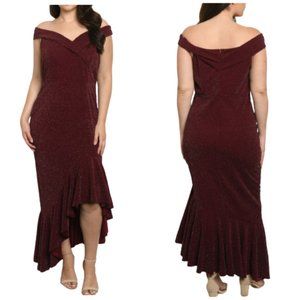 Burgundy Red Evening Dress Metallic Sparkle Hi-Lo Christmas New Year's